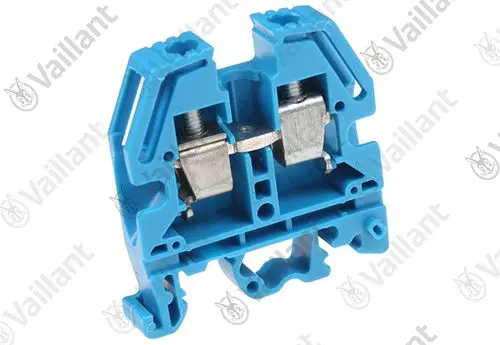 Vaillant Klemme in blauer Farbe, mit metallischen Kontaktstücken. Sie zeigt eine typische Bauform für elektrische Verbindungen.